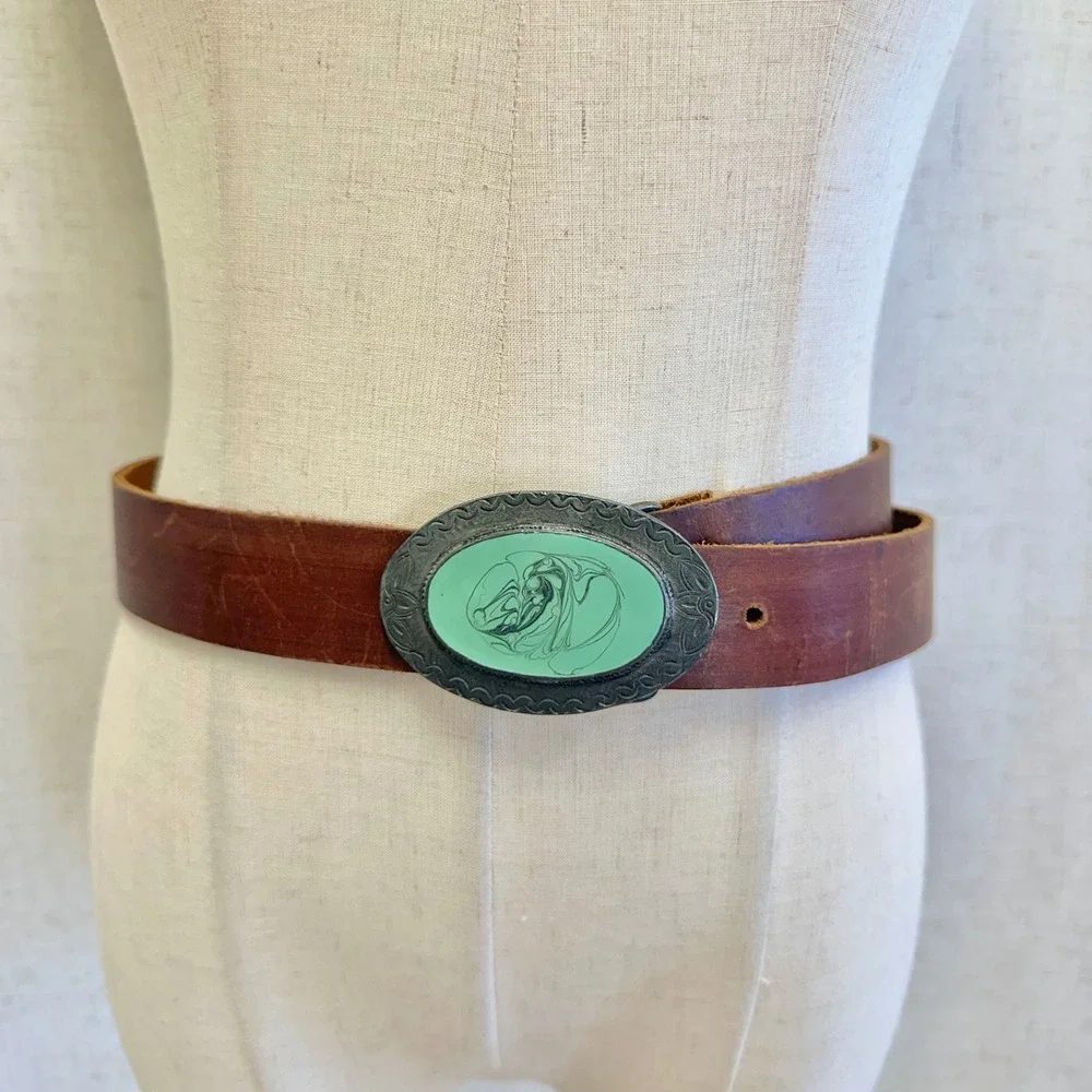 Nice Leather Brown Distressed Belt Seafoam Green Marbled Western Buckle Large‎